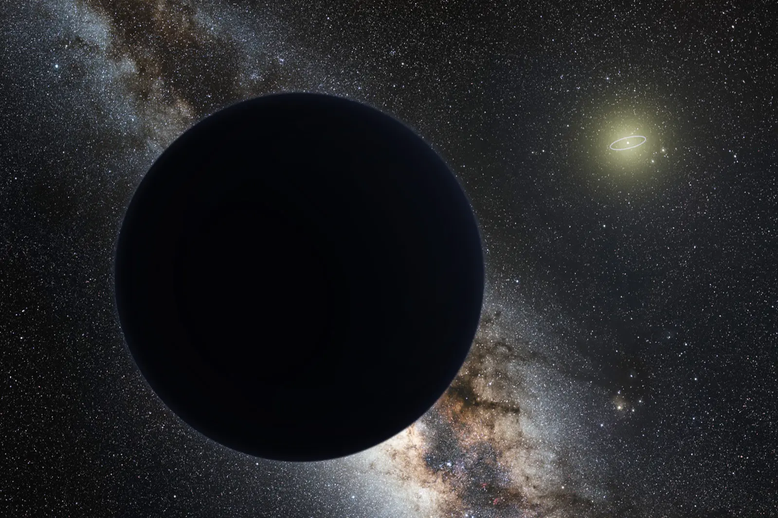 Hình phác họa hành tinh Planet Nine bên cạnh dải ngân hà Milky Way, phía xa là Mặt Trời của chúng ta