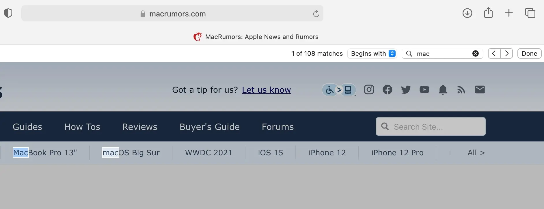 Tìm kiếm keyword trong website trên Safari macOS