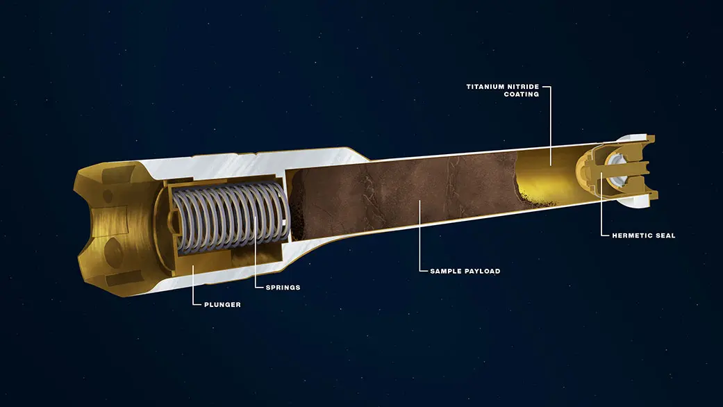 Dual illustrations show component features on the exterior and interior of a sample tube being carried aboard the Mars 2020 Perseverance rover ontop.vn 2