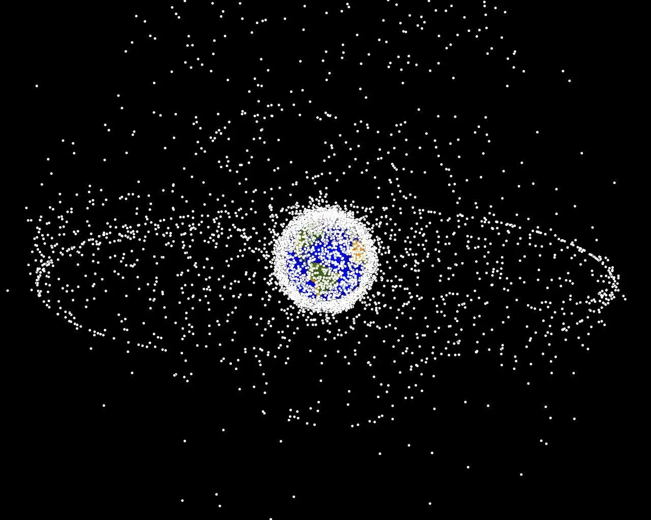 Ảnh dựng bởi máy tính về số lượng và vị trí của các vật thể rác trong quỹ đạo của Trái Đất mà con người đang theo dõi được. 95% trong số này là những mảnh vụn. Credit: Wikipedia.
