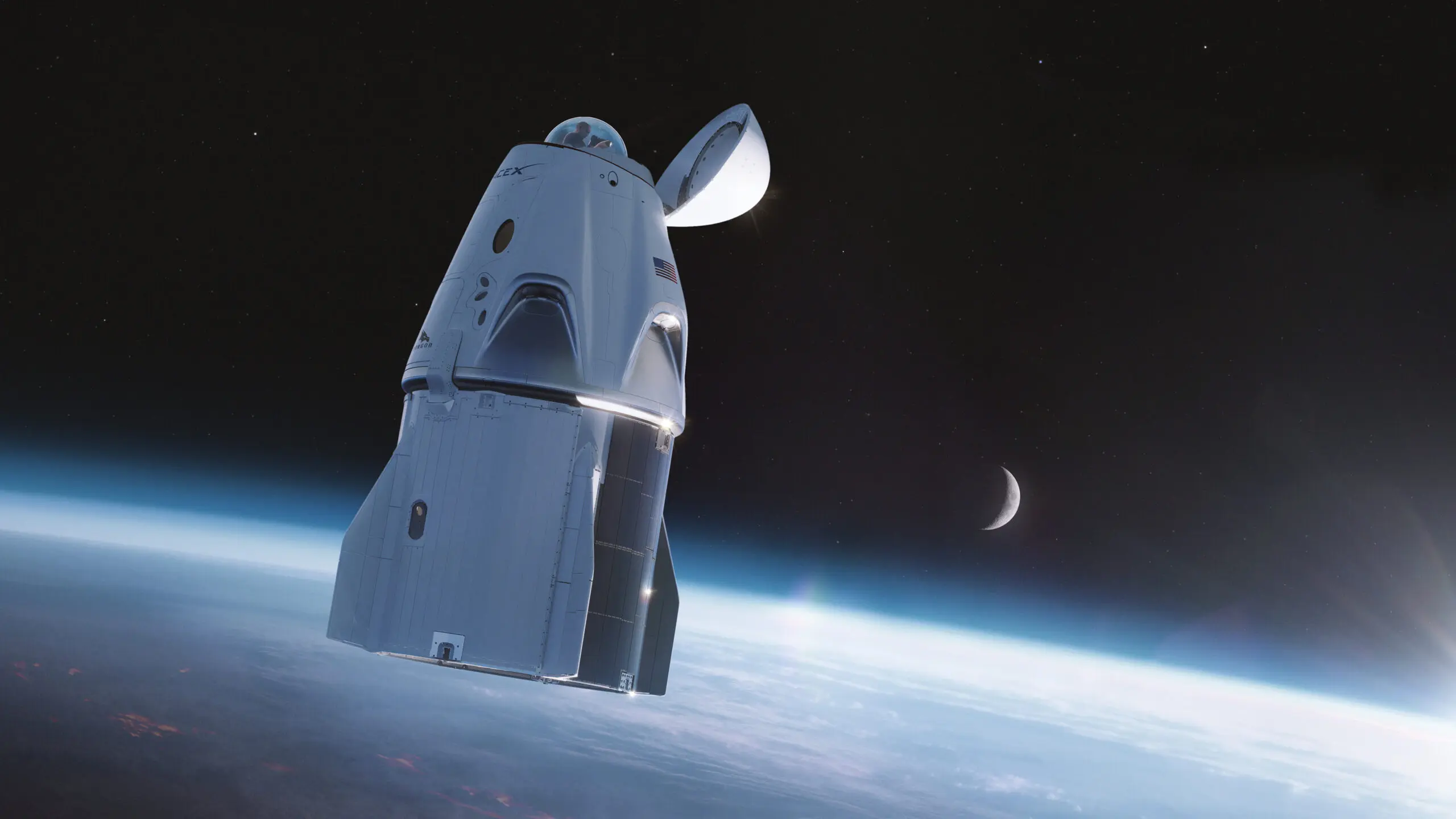 Ảnh render tàu Crew Dragon của SpaceX cho sứ mệnh Inspiration4 với phần mũi tàu được lắp thêm kính quan sát. Credit: SpaceX
