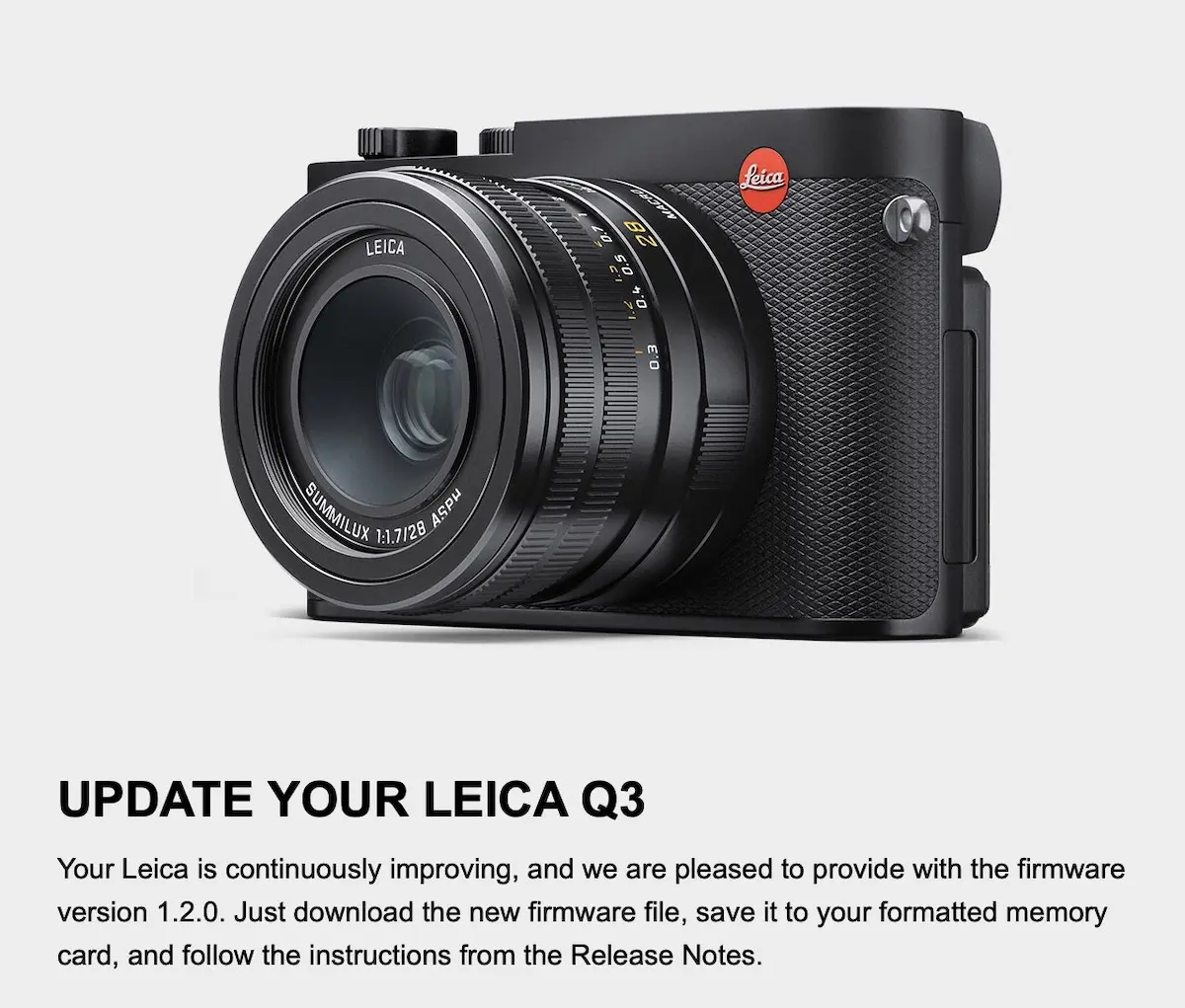 Leica Q3 firmware update version 1.2.0 released 2