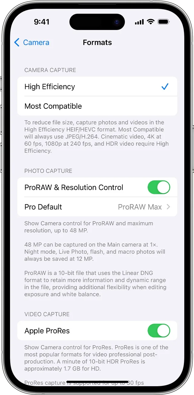 ios 17 iphone 14 pro settings camera formats apple pro res on 1