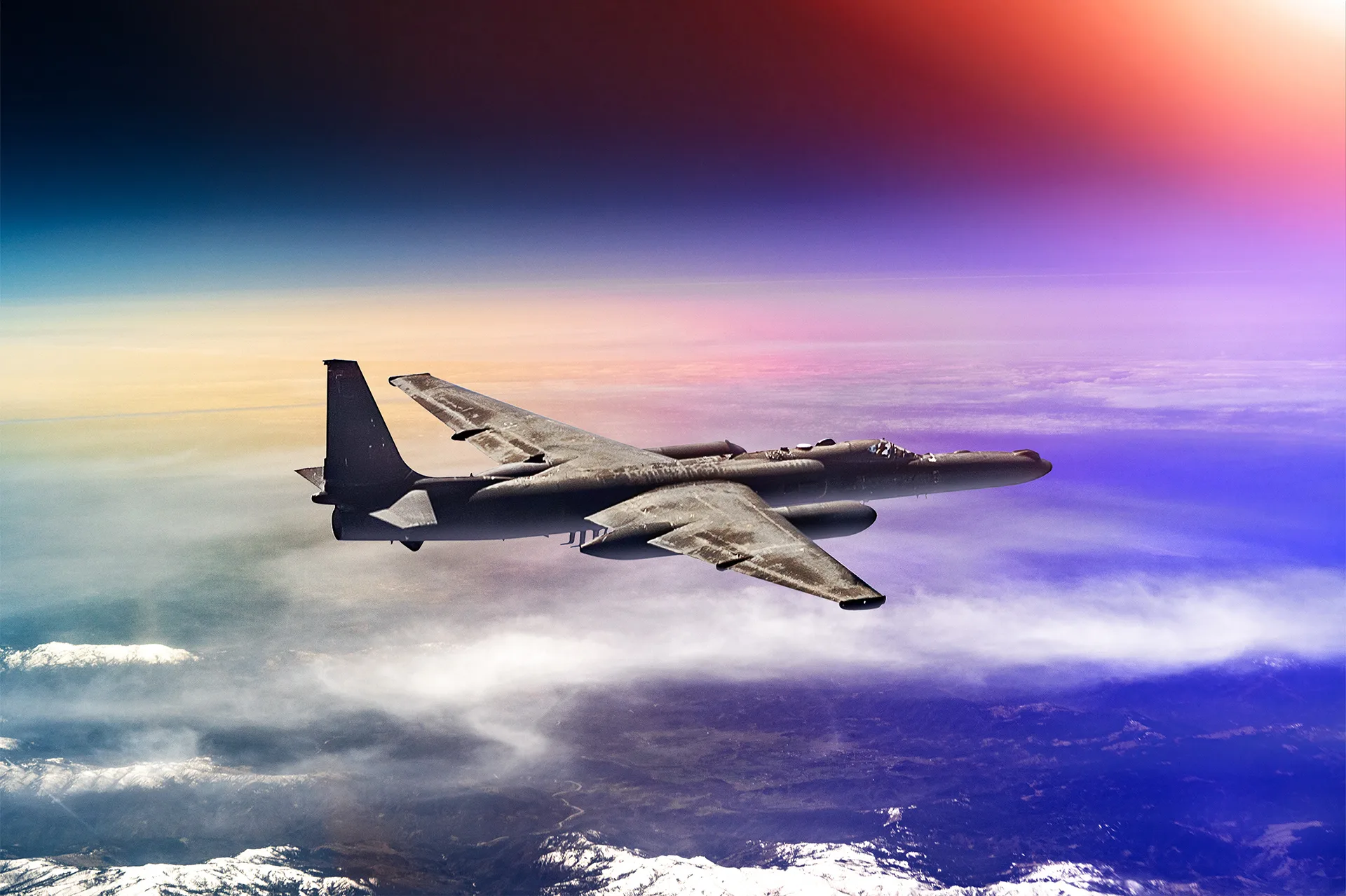 A U2 Dragon Lady spy plane photographed by Commercial Photographer Blair Bunting. The image is part of the series "Photoshoot at the Edge of Space," in which Bunting did a photoshoot above 70,000 feet while in a spacesuit.