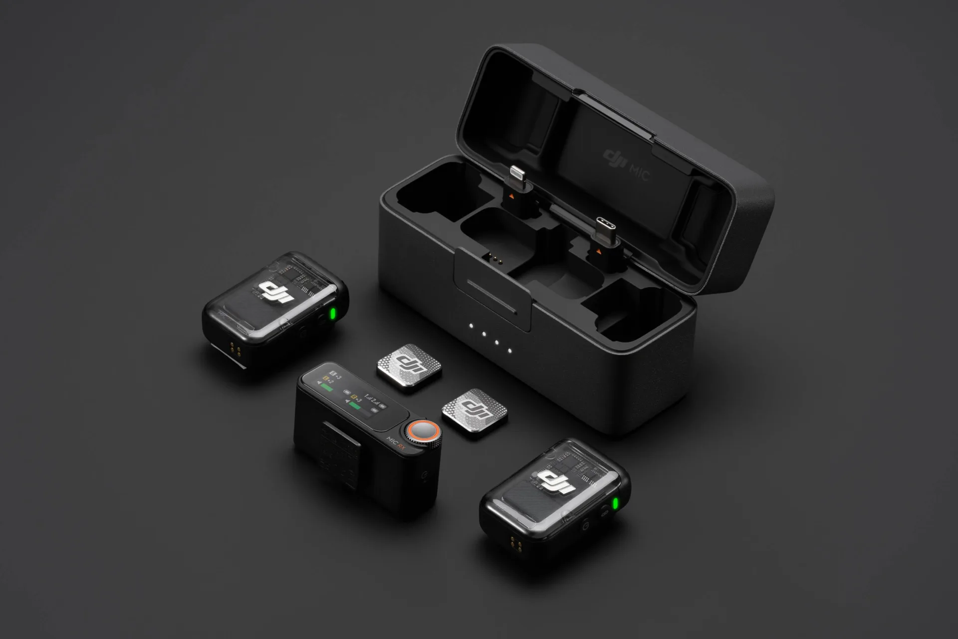 DJI Mic 2 Charging Case out of the case black background