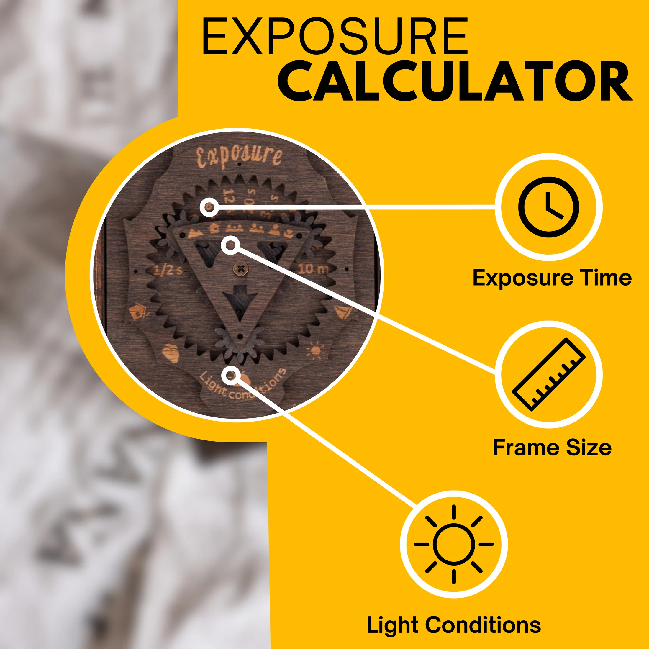 Infographics of an exposure calculator positioned on the rear cover of a stained brown Jollylook camera 2200x.png