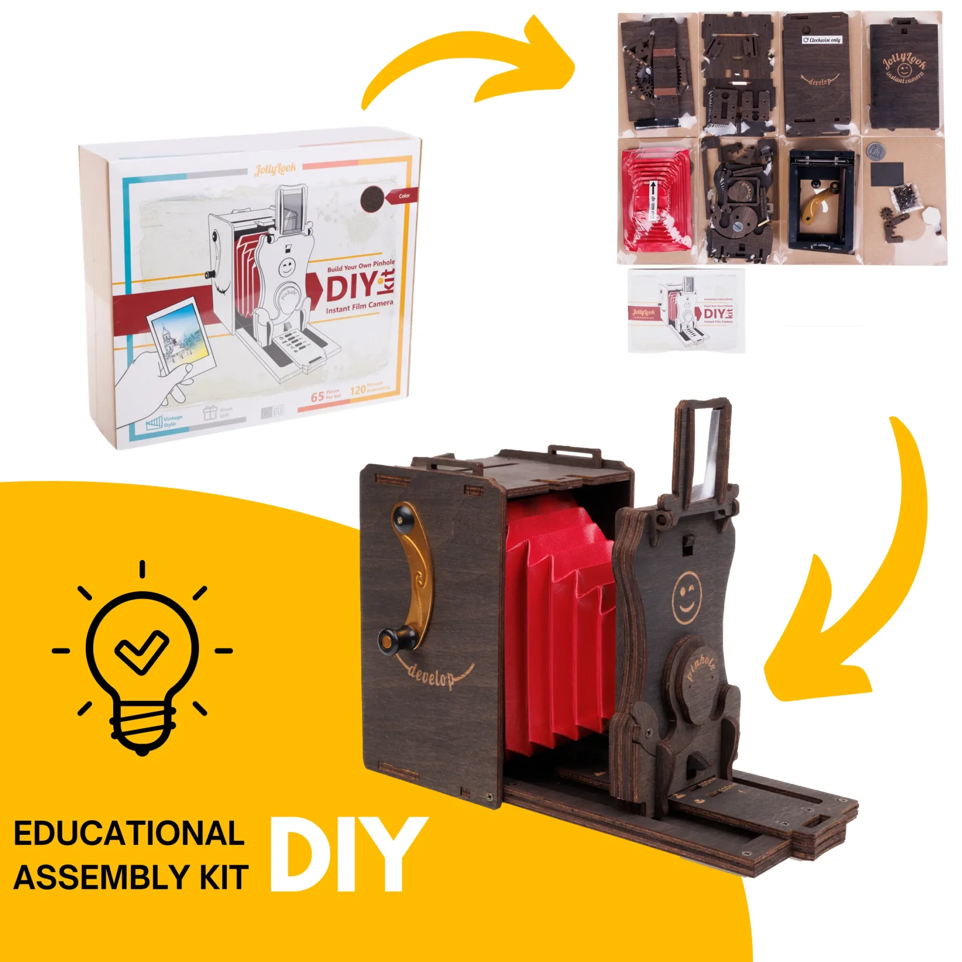 Three stages of the DIY Pinhole Instant Film Camera Kit for Self Assembly in a Stained Brown variant c5cde2f5 c9e4 40e5 952d eff245a5ccac 2200x.png