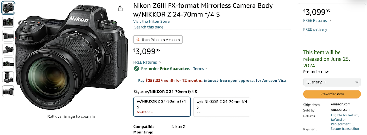 Nikon Z6 III 24 70mm f4 S lens kit pre orders open again at Amazon US .png