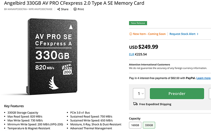 Angelbird 33GB 160GB type a cfexpress sony.png